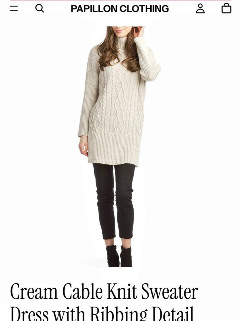 Papillon Cable Knit Sweater Dress with Ribbing Detail Cream Size Medium